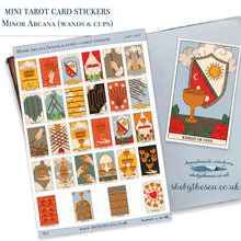 Load image into Gallery viewer, Tarot Card Stickers sheet. Minor Arcana wands & cups. Mini New Age artworks, decals deco for journals etc. Tiny stickers of tarot cards.