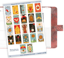 Load image into Gallery viewer, Tarot 'Cards' Sticker sheet. Major Arcana. Mini New Age artworks, decals deco for journals etc. Tiny stickers of tarot cards.