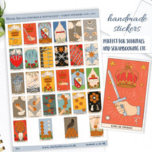Load image into Gallery viewer, Minor Arcana swords & pentacles. Tarot Card Stickers sheet. Mini New Age artworks, decals deco 4 journals etc. Tiny stickers of tarot cards.