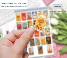 Load image into Gallery viewer, Minor Arcana swords & pentacles. Tarot Card Stickers sheet. Mini New Age artworks, decals deco 4 journals etc. Tiny stickers of tarot cards.