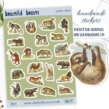 Load image into Gallery viewer, Safari Animal Sticker Sheet. Mini stickers of wild animals perfect for kids, tiger lion, monkey ape, zebra giraffe. Handmade in the UK.