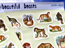 Load image into Gallery viewer, Safari Animal Sticker Sheet. Mini stickers of wild animals perfect for kids, tiger lion, monkey ape, zebra giraffe. Handmade in the UK.