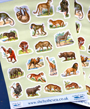 Load image into Gallery viewer, Safari Animal Sticker Sheet. Mini stickers of wild animals perfect for kids, tiger lion, monkey ape, zebra giraffe. Handmade in the UK.