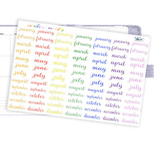 Load image into Gallery viewer, Months of the Year Stickers, 29mm rainbow coloured labels, 84 cursive script planner stickers, seven lines of months, handmade in UK