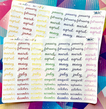 Load image into Gallery viewer, Months of the Year Stickers, 29mm rainbow coloured labels, 84 cursive script planner stickers, seven lines of months, handmade in UK