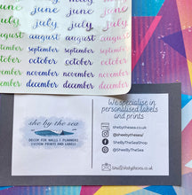 Load image into Gallery viewer, Months of the Year Stickers, 29mm rainbow coloured labels, 84 cursive script planner stickers, seven lines of months, handmade in UK