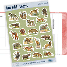 Load image into Gallery viewer, Safari Animal Sticker Sheet. Mini stickers of wild animals perfect for kids, tiger lion, monkey ape, zebra giraffe. Handmade in the UK.
