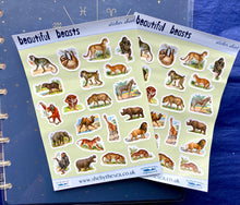 Load image into Gallery viewer, Safari Animal Sticker Sheet. Mini stickers of wild animals perfect for kids, tiger lion, monkey ape, zebra giraffe. Handmade in the UK.