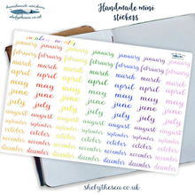 Load image into Gallery viewer, Months of the Year Stickers, 29mm rainbow coloured labels, 84 cursive script planner stickers, seven lines of months, handmade in UK