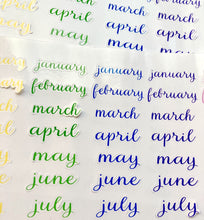 Load image into Gallery viewer, Months of the Year Stickers, 29mm rainbow coloured labels, 84 cursive script planner stickers, seven lines of months, handmade in UK