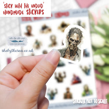 Load image into Gallery viewer, Zombies Sticker Sheet. Halloween stickers of THE UNDEAD, Vampires & Ghouls for journals and bullet lists. Handmade in the UK.