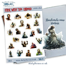 Load image into Gallery viewer, Zombies Sticker Sheet. Halloween stickers of THE UNDEAD, Vampires & Ghouls for journals and bullet lists. Handmade in the UK.