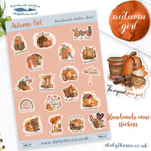 Load image into Gallery viewer, Autumn Fall mini sticker sheet, for a fall kinda girl. Quotes and gorgeous artwork. Journal stickers for bullet lists. Handmade in the UK.
