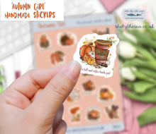 Load image into Gallery viewer, Autumn Fall mini sticker sheet, for a fall kinda girl. Quotes and gorgeous artwork. Journal stickers for bullet lists. Handmade in the UK.