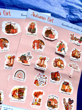 Load image into Gallery viewer, Autumn Fall mini sticker sheet, for a fall kinda girl. Quotes and gorgeous artwork. Journal stickers for bullet lists. Handmade in the UK.