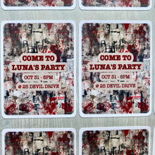 Load image into Gallery viewer, Personalised Halloween Glossy Stickers with gory bloody newspaper design. Stick on student laptops/lockers for surprise party invitation!