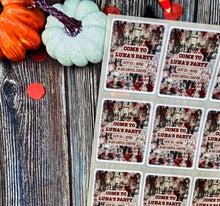 Load image into Gallery viewer, Personalised Halloween Glossy Stickers with gory bloody newspaper design. Stick on student laptops/lockers for surprise party invitation!