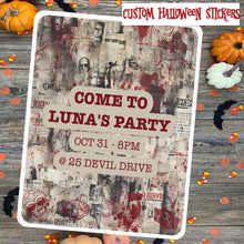 Load image into Gallery viewer, Personalised Halloween Glossy Stickers with gory bloody newspaper design. Stick on student laptops/lockers for surprise party invitation!