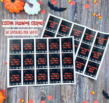 Load image into Gallery viewer, Personalised Halloween Stickers, Glossy custom labels, perfect for laptop invitations, envelopes or Halloween party bags, handmade in the UK