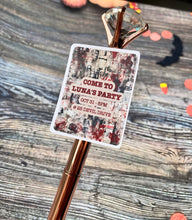 Load image into Gallery viewer, Personalised Halloween Glossy Stickers with gory bloody newspaper design. Stick on student laptops/lockers for surprise party invitation!