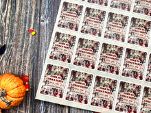 Load image into Gallery viewer, Personalised Halloween Glossy Stickers with gory bloody newspaper design. Stick on student laptops/lockers for surprise party invitation!