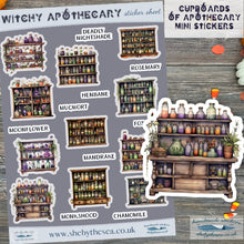 Load image into Gallery viewer, Mini Witch Stickers of Apothecary Cabinets, text stickers of witchcraft spell magical plants, witch's garden, Henbane Mugwort, made in UK