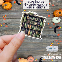 Load image into Gallery viewer, Mini Witch Stickers of Apothecary Cabinets, text stickers of witchcraft spell magical plants, witch's garden, Henbane Mugwort, made in UK