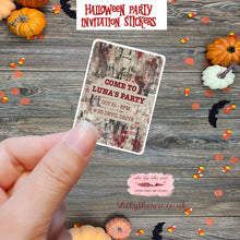 Load image into Gallery viewer, Personalised Halloween Glossy Stickers with gory bloody newspaper design. Stick on student laptops/lockers for surprise party invitation!