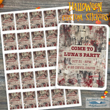 Load image into Gallery viewer, Personalised Halloween Glossy Stickers with gory bloody newspaper design. Stick on student laptops/lockers for surprise party invitation!
