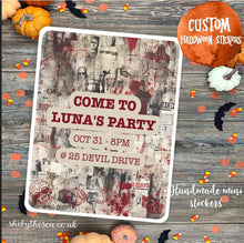 Load image into Gallery viewer, Personalised Halloween Glossy Stickers with gory bloody newspaper design. Stick on student laptops/lockers for surprise party invitation!