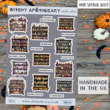 Load image into Gallery viewer, Mini Witch Stickers of Apothecary Cabinets, text stickers of witchcraft spell magical plants, witch's garden, Henbane Mugwort, made in UK