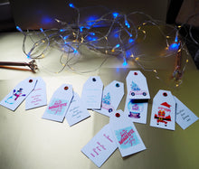 Load image into Gallery viewer, Personalised Christmas Gift Tags, Pack of 12 Custom Swing Tag with Coloured Eyelets, DOUBLE SIDED Gift Label with your choice of text