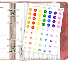 Load image into Gallery viewer, Rainbow Date Dots -  Dated round stickers for your planner or bullet journal. Handmade in the UK