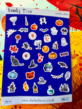 Load image into Gallery viewer, SPOOKY TIME! 38 Mini Halloween Stickers Sheet. A must have for your Autumn planner ,scrapbook, journal etc. Sticker sheet handmade in the UK
