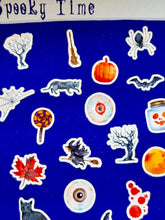 Load image into Gallery viewer, SPOOKY TIME! 38 Mini Halloween Stickers Sheet. A must have for your Autumn planner ,scrapbook, journal etc. Sticker sheet handmade in the UK
