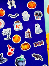 Load image into Gallery viewer, SPOOKY TIME! 38 Mini Halloween Stickers Sheet. A must have for your Autumn planner ,scrapbook, journal etc. Sticker sheet handmade in the UK
