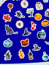 Load image into Gallery viewer, SPOOKY TIME! 38 Mini Halloween Stickers Sheet. A must have for your Autumn planner ,scrapbook, journal etc. Sticker sheet handmade in the UK
