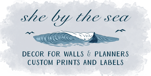 She By The Sea logo. Custom labels, print and stickers. All handmade in the UK.