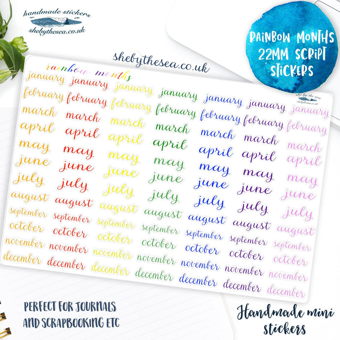 Months of the Year Stickers, 29mm rainbow coloured labels, 84 cursive script planner stickers, seven lines of months, handmade in UK