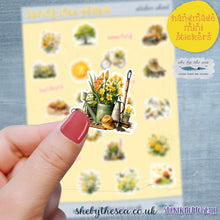 Load image into Gallery viewer, Spring Season Sticker Sheet with shades of yellow. Floral stickers etc, Planner deco for journal/scrapbook, Sticker sheet handmade in the UK
