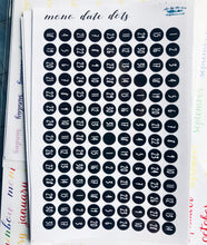 Load image into Gallery viewer, Black &amp; White Date Dots, Mini dated round stickers for mono planner, diary or journal, 4 months per sheet, 0.5 cm each, Handmade in the UK.
