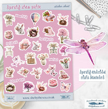 Load image into Gallery viewer, Spring Sticker Sheet in shades of pink. Floral stickers etc, Planner deco for journal/scrapbook, Sticker sheet handmade in the UK
