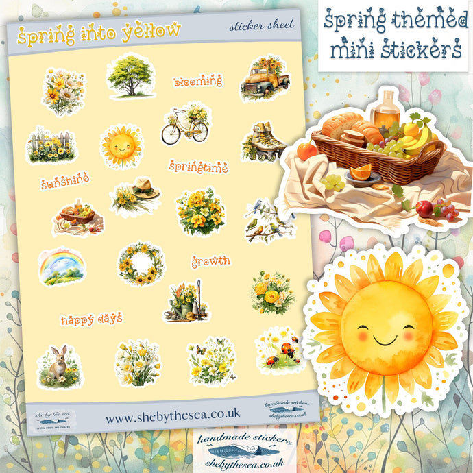 Spring Season Sticker Sheet with shades of yellow. Floral stickers etc, Planner deco for journal/scrapbook, Sticker sheet handmade in the UK