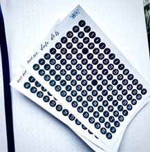 Load image into Gallery viewer, Black &amp; White Date Dots, Mini dated round stickers for mono planner, diary or journal, 4 months per sheet, 0.5 cm each, Handmade in the UK.
