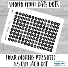 Load image into Gallery viewer, black and white mini date dot stickers printed and posted
