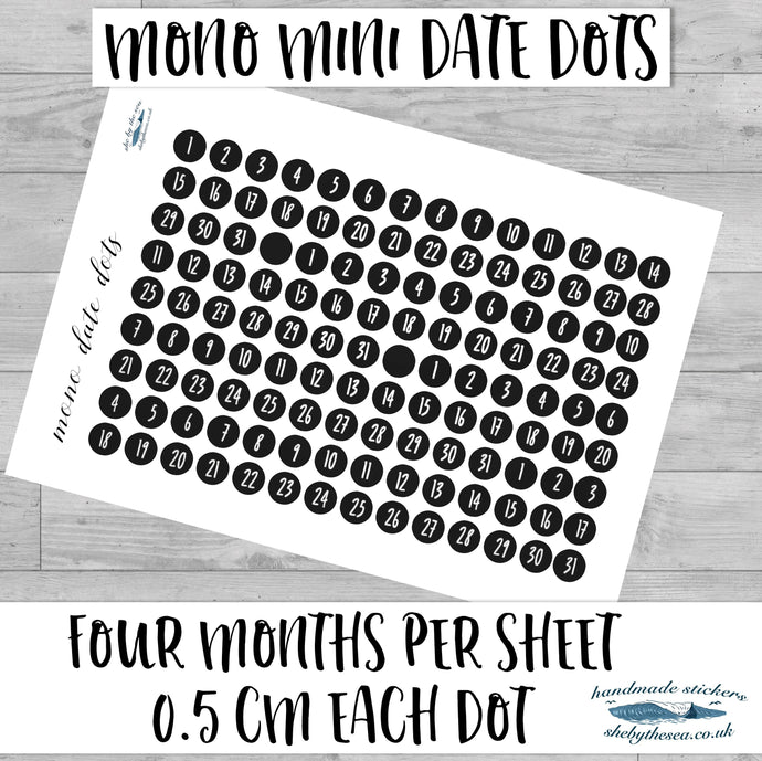 black and white mini date dot stickers printed and posted