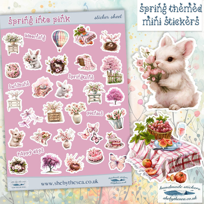 Spring Sticker Sheet in shades of pink. Floral stickers etc, Planner deco for journal/scrapbook, Sticker sheet handmade in the UK