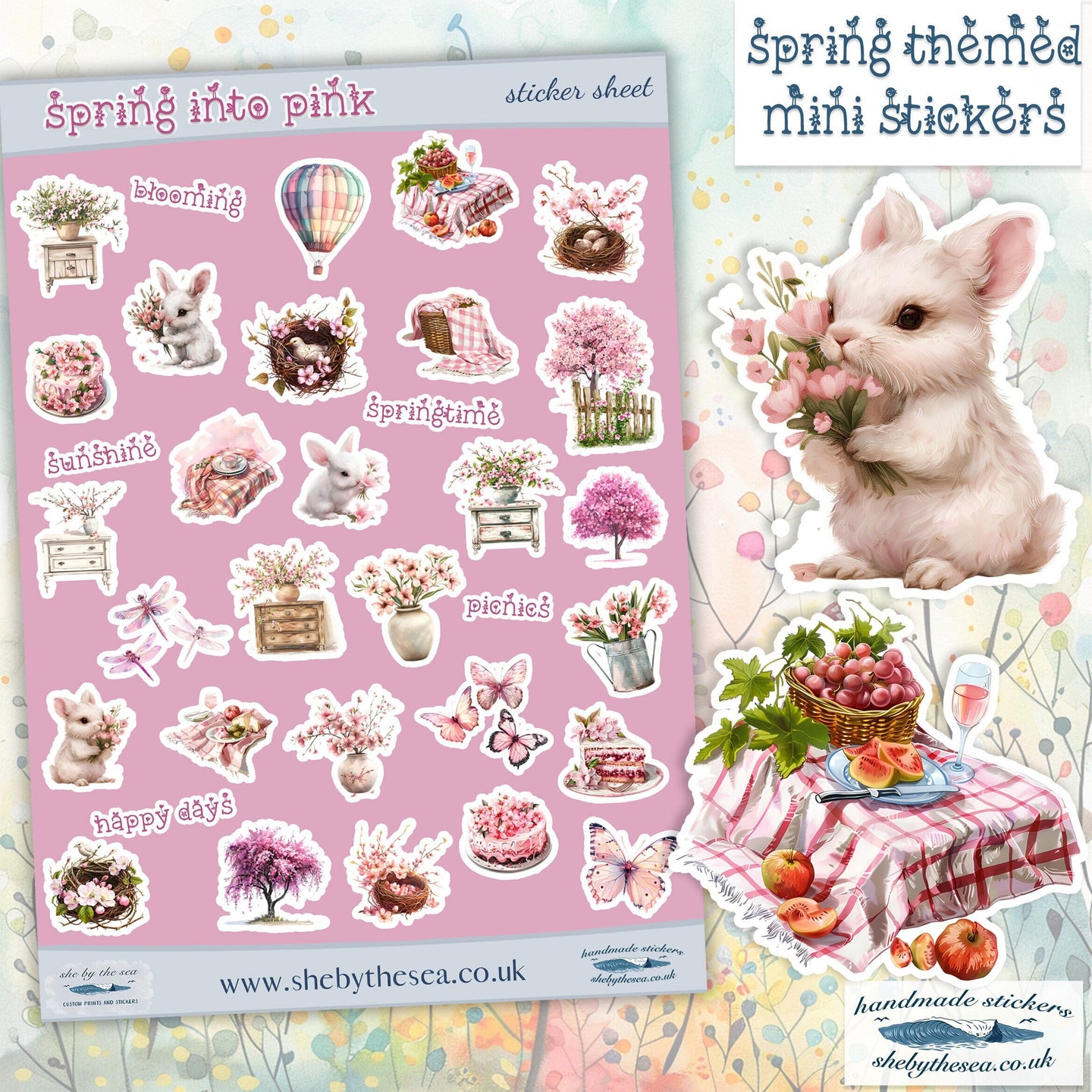 Spring Sticker Sheet in shades of pink. Floral stickers etc, Planner deco for journal/scrapbook, Sticker sheet handmade in the UK