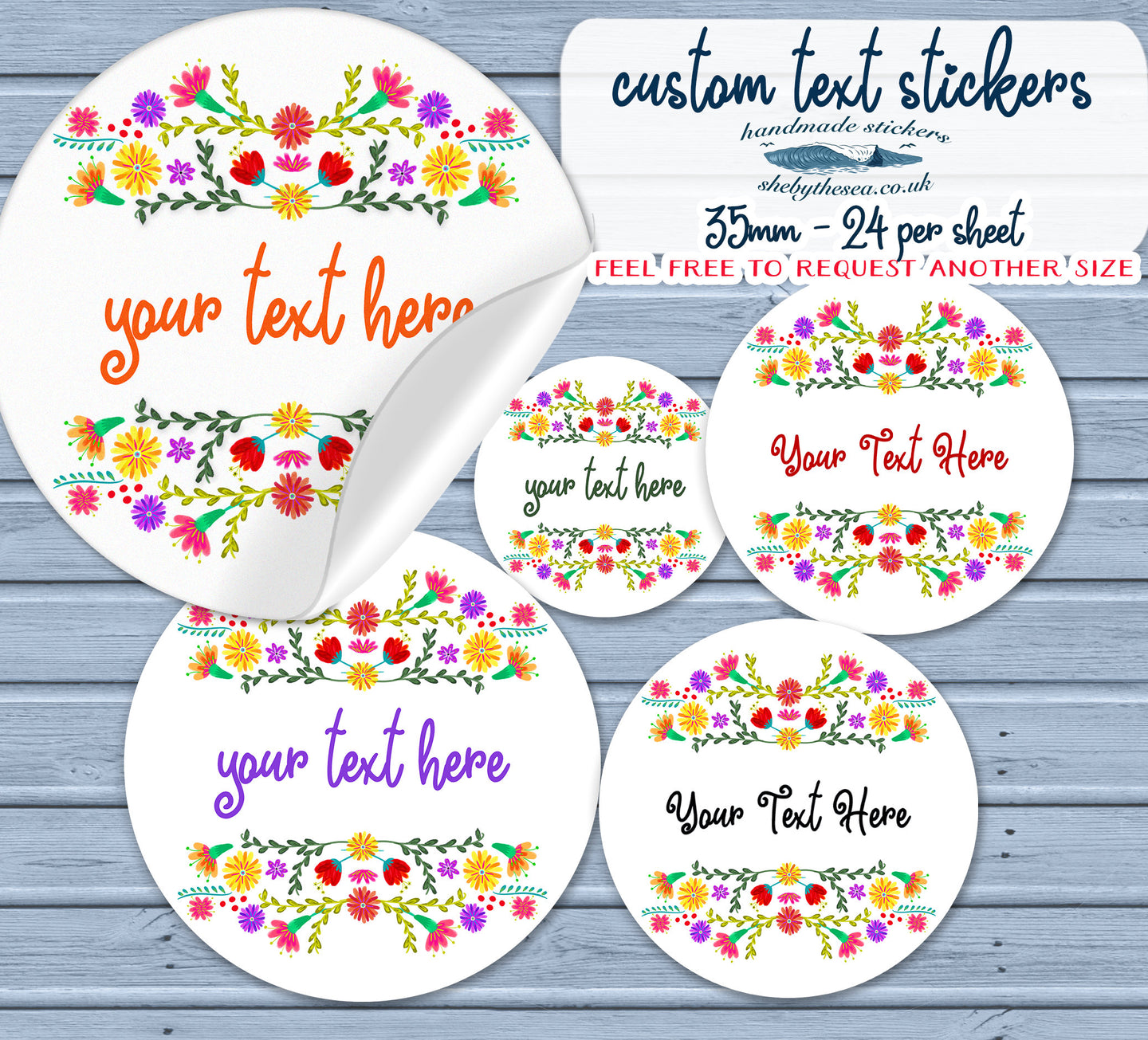 Custom Floral Stickers. Personalised Round Stickers with a colourful flower design. Perfect for Sweet Sixteen & custom party bags. Lip Balm.