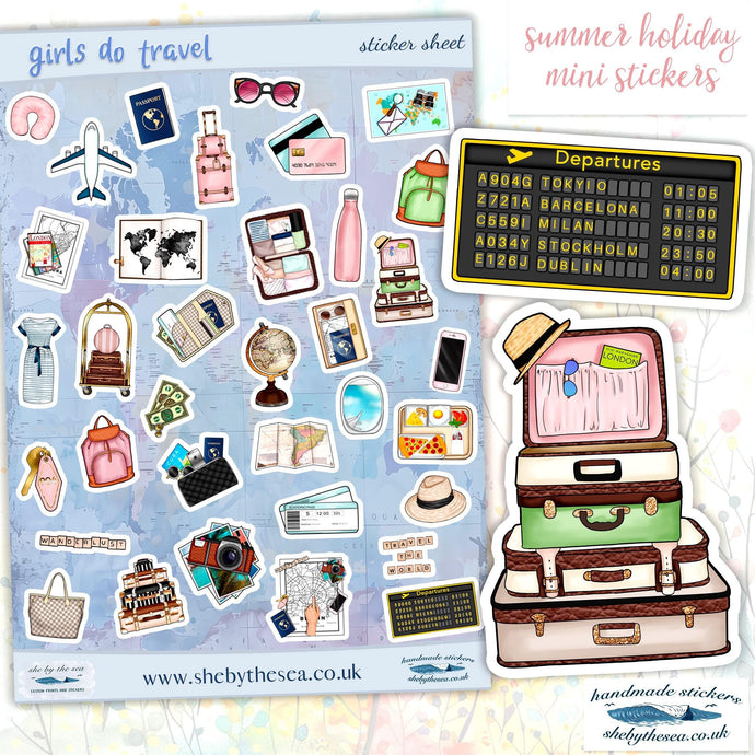 GIRLS DO TRAVEL 35 mini stickers. Must have for summer holiday scrapbook, journal planner etc. Sticker sheet uk handmade. Tween trip gift